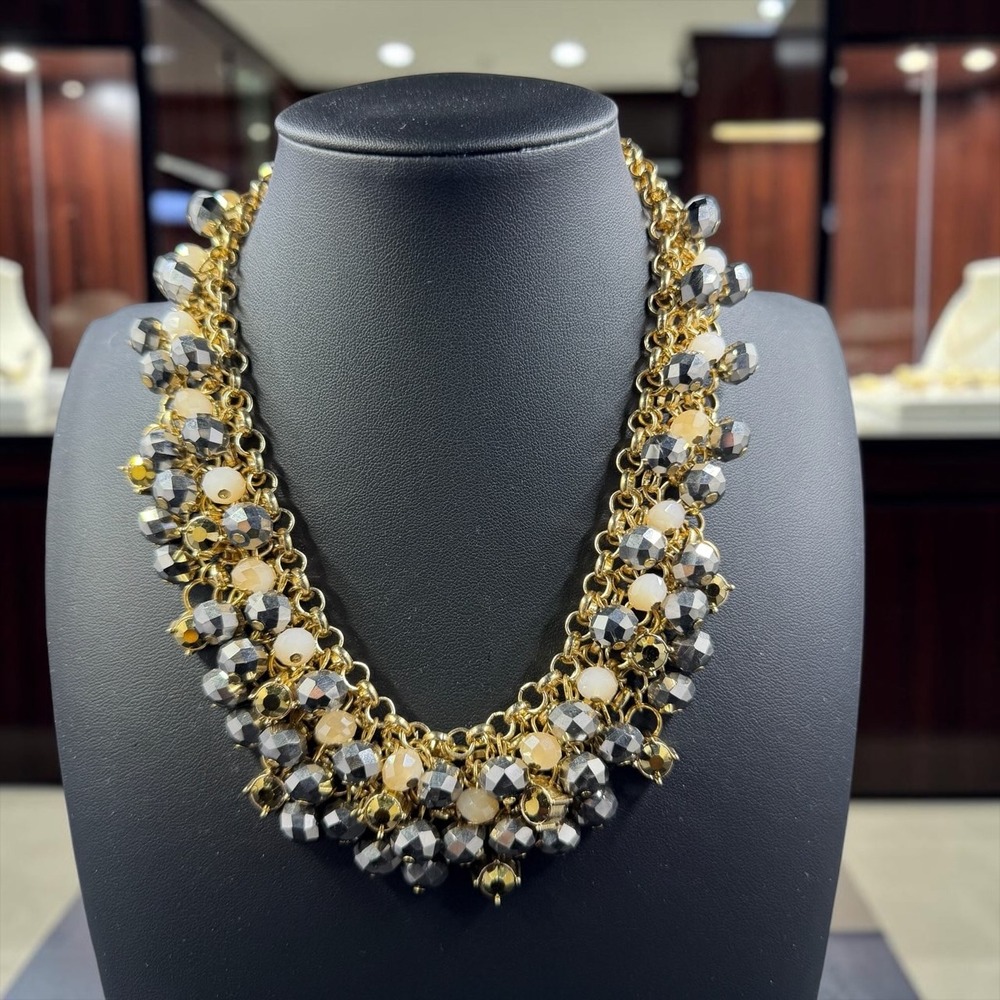 Chunky Statement Necklace Gold Tone Gunmetal Crystal Beaded Cluster Bib Collar
